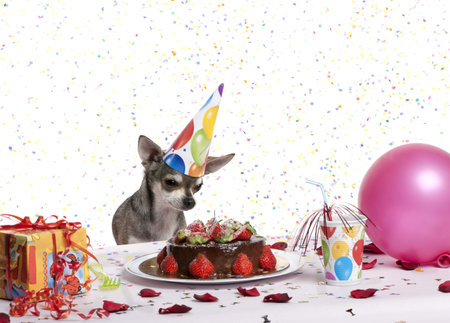 Chihuahua at table wearing birthday hat and looking at birthday cake in front of white backgroundの写真素材
