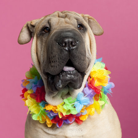 Close-up of Shar-pei wearing Hawaiian lei in front of pink backgroundの写真素材
