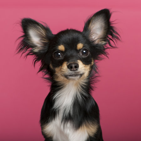 Close-up of Chihuahua puppy, 6 months old, in front of pink backgroundの写真素材
