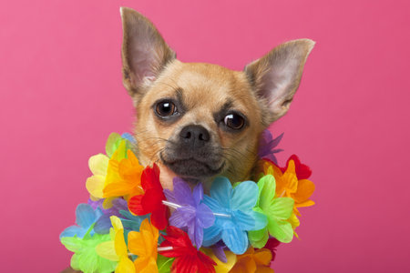Close-up of Chihuahua wearing colorful lei, 12 months old, in front of pink backgroundの写真素材