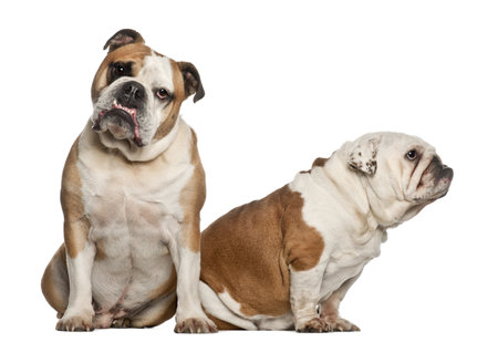 English bulldogs, 5 years old, sitting against white backgroundの写真素材