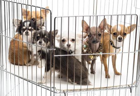 Chihuahuas in cage against white backgroundの写真素材