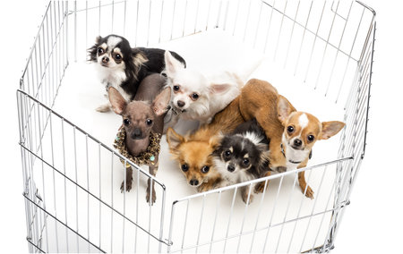 Chihuahuas in cage against white backgroundの写真素材