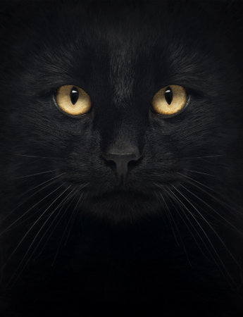 Close-up of a Black Cat looking at the camera, isolated on whiteの写真素材