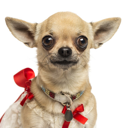 Close-up of a Chihuahua with fancy collar, looking at the camera, 4 years old, isolated on whiteの写真素材