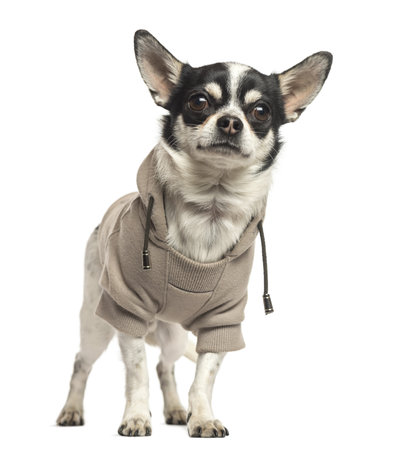 Standing Chihuahua wearing a sweater, 18 months old, isolated on whiteの写真素材