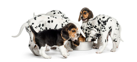 Group of Dalmatian and Beagle puppies eating all together, isolated on whiteの写真素材
