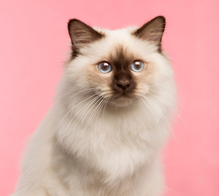 Close-up of a Birman cat on a pink backgroundの写真素材