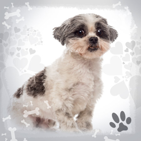 Shih tzu sitting, looking at the camera, on a designed backgroundの写真素材