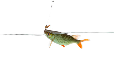 Common roach under water caught on a hook, Rutilus rutilus, isolated on white