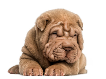 Front view of a Shar Pei puppy lying down, tired, isolated on whiteの写真素材