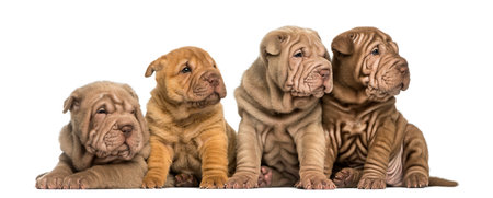 Front view of Shar Pei puppies sitting in a row, looking away, isolated on whiteの写真素材