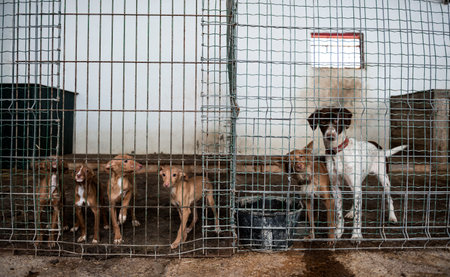Abandoned dogs in a cageの写真素材