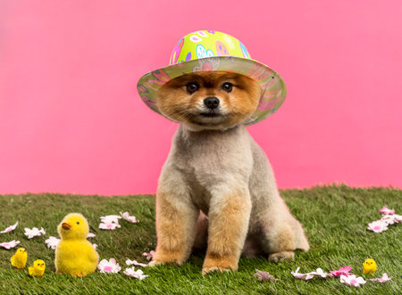 Groomed Pomeranian dog wearing a colored hat and sitting in grass with flowers and chicks in front of a pink backgroundの写真素材