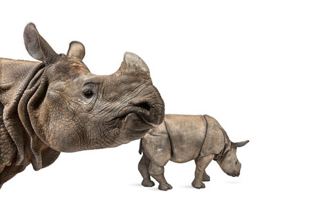 Mummy Indian rhinoceros and her babyの写真素材