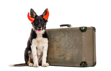 Border collie sitting next to an old suitcaseの写真素材