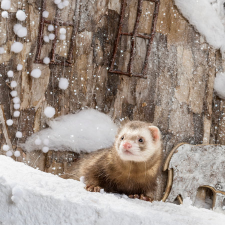 Ferret in front of a Christmas sceneryの写真素材