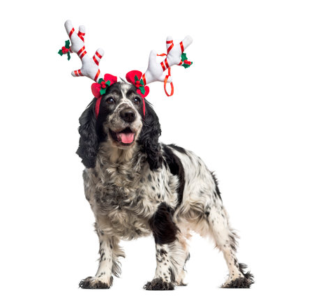 English Cocker Spaniel (12 years old) wearing a reindeer headbandの写真素材