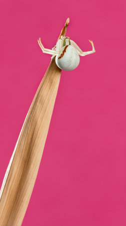 Golden Crab Spider, Misumena vatia, on a blade of grass in front of a pink の写真素材