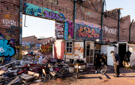 Abandoned factory with Romani recyclingのeditorial素材