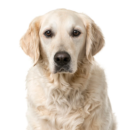 Golden Retriever sitting in front of a white backgroundの写真素材