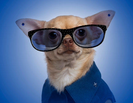 Dressed-up Chihuahua with earrings and wearing glasses on a blue gradient backgroundの写真素材