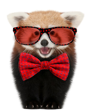 Young Red panda wearing glasses and a bow tie in front of white backgroundの写真素材