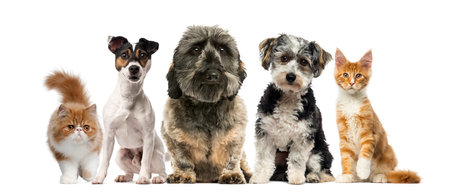 Group of dogs and cats in front of a white backgroundの写真素材