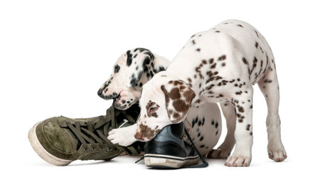 Two Dalmatian puppies chewing shoes in front of a white backgroundの写真素材