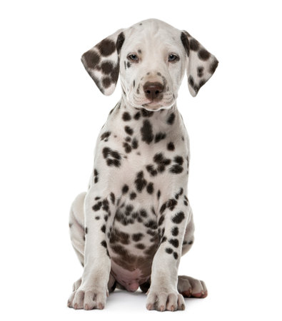 Dalmatian puppy sitting in front of a white backgroundの写真素材