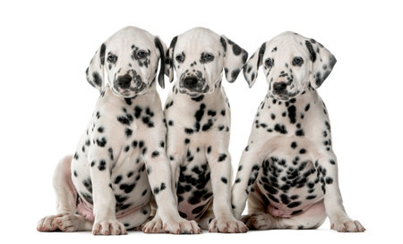 Three Dalmatian puppies sitting in front of a white backgroundの写真素材