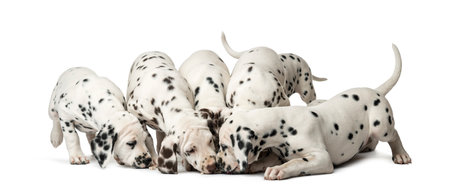 Group of Dalmatian puppies eating in front of a white backgroundの写真素材
