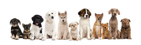 Group of puppies in a row, isolated on white