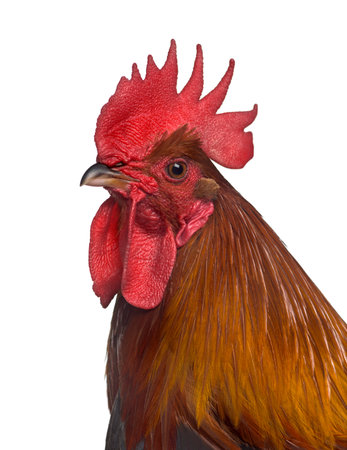 Close-up of a side view of a  Ardennaise rooster isolated on white