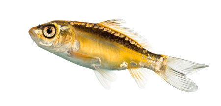 Side view of a yellow koi looking up isolated on whiteの写真素材