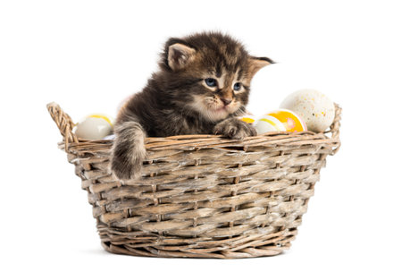 Maine coon kitten coming out of a pet basketの写真素材