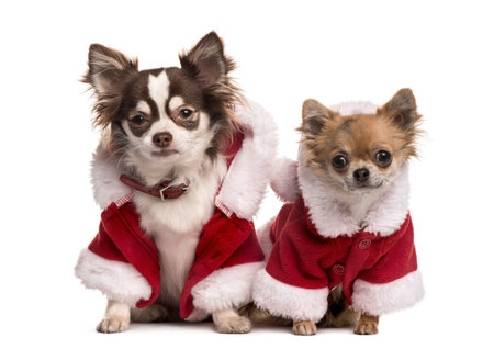 Two chihuahuas in Christmas jacket, isolated on whiteの写真素材