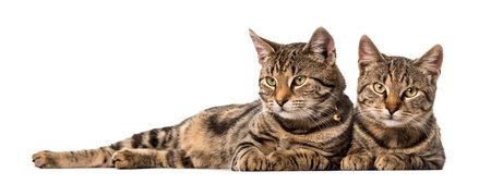 Two European cats lying side by side , isolated on white
