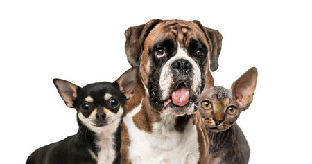 Close-up of chihuahua, boxer and sphynx, isolated on white