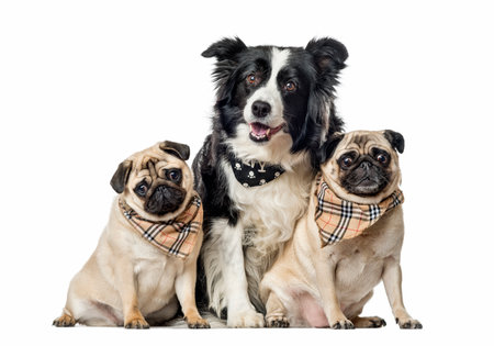 Border collie and pugs with scarfs sitting, isolated on whiteの写真素材