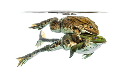 frogs copulating under clear water, isolated on whiteの写真素材