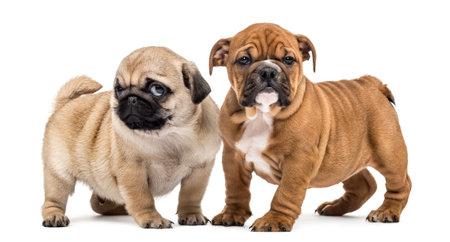 Pug and english bulldog puppies side by side, isolated on whiteの写真素材
