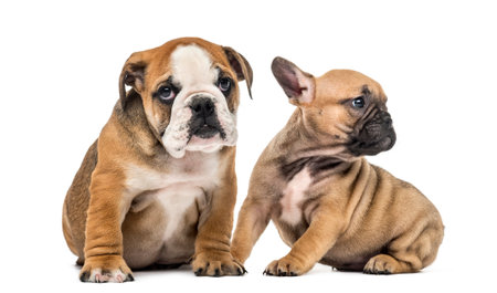 Bulldog puppies sitting, isolated on whiteの写真素材