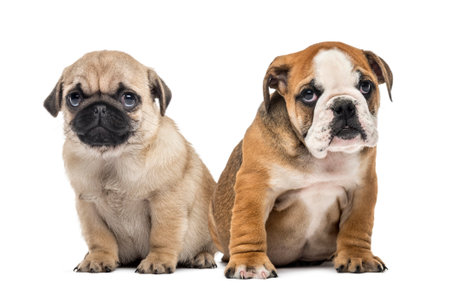 Pug and english bulldog puppies side by side, isolated on whiteの写真素材