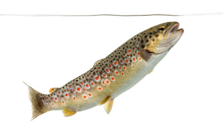 Brown trout swimming under water line, isolated on whiteの写真素材