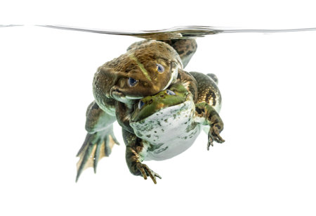 frogs copulating under clear water, isolated on whiteの写真素材