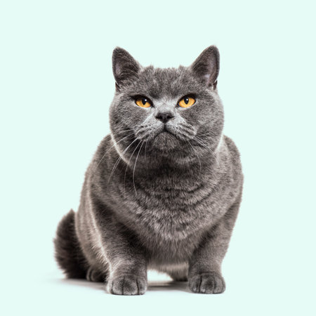 Grey british shorthair cat, blue backgroundの写真素材