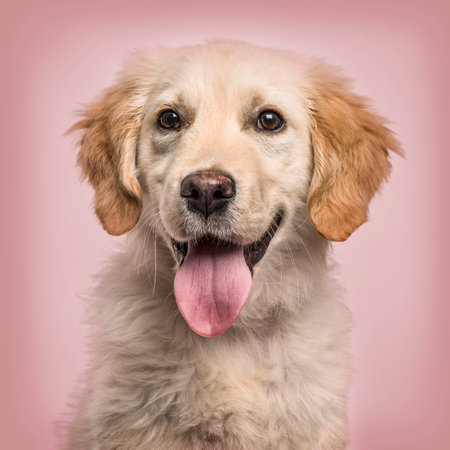 Close-up of Golden Retriever panting to camera against pink backgroundの写真素材