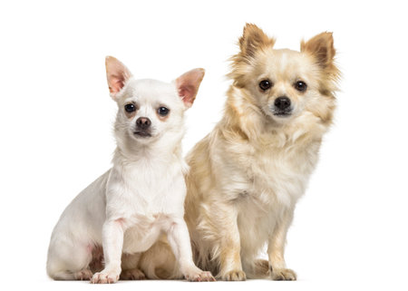 Chihuahua dogs , 4 years old and 7 months old, sitting against white backgroundの写真素材