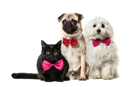 Mixed-breed cat, Pug in red bow tie sitting, Maltese dog, in front of white background